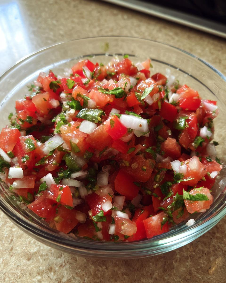 A close-up of fresh homemade salsa in a clear glass bowl, featuring diced tomatoes, onions, cilantro, and jalapeños.