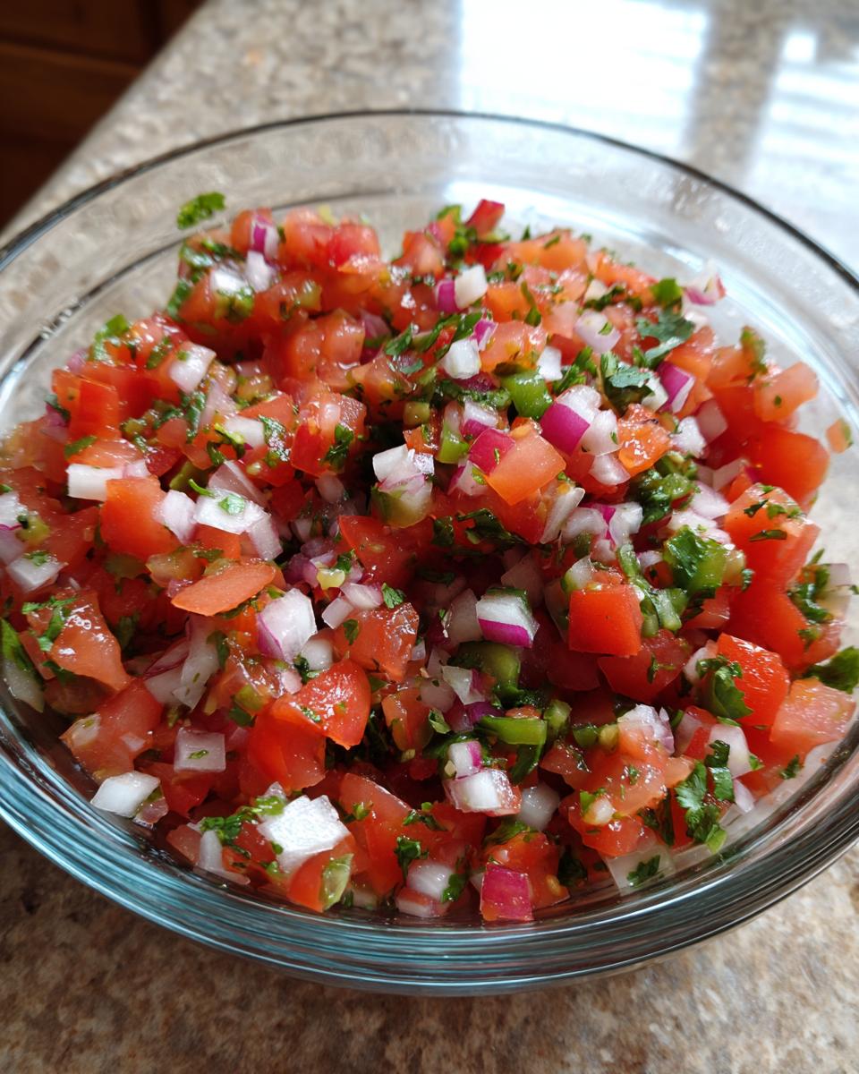 A close-up of a clear glass bowl filled with fresh, colorful salsa, featuring chopped tomatoes, onions, cilantro, and jalapeños.