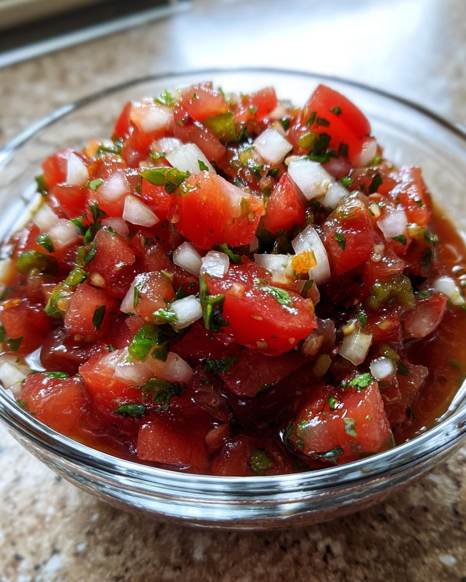 Close-up of vibrant, fresh salsa in a clear glass bowl, featuring diced tomatoes, onions, cilantro, and jalapeños.