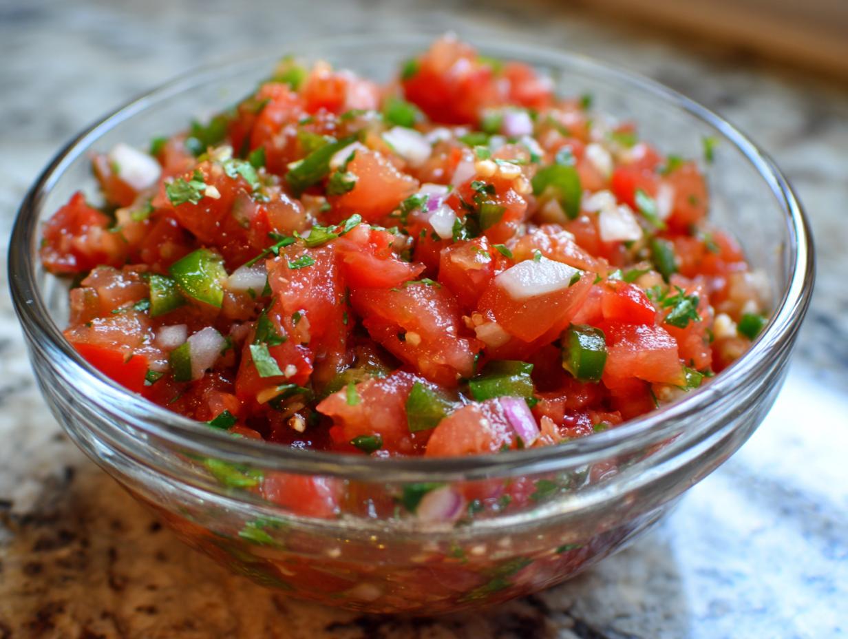 A close-up of a clear glass bowl filled with fresh, vibrant homemade salsa, featuring diced tomatoes, onions, jalapeños, and cilantro.