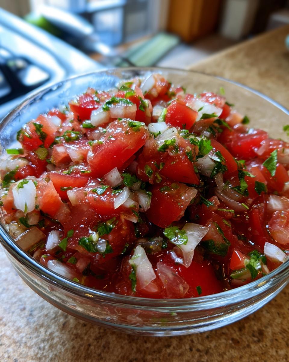 Close-up of a clear glass bowl filled with fresh, vibrant homemade salsa, featuring chopped tomatoes, onions, and cilantro.