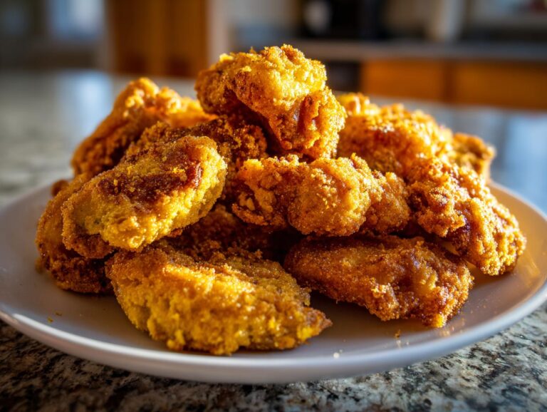 A close-up of a pile of golden-brown, crispy fried pickles on a white plate.