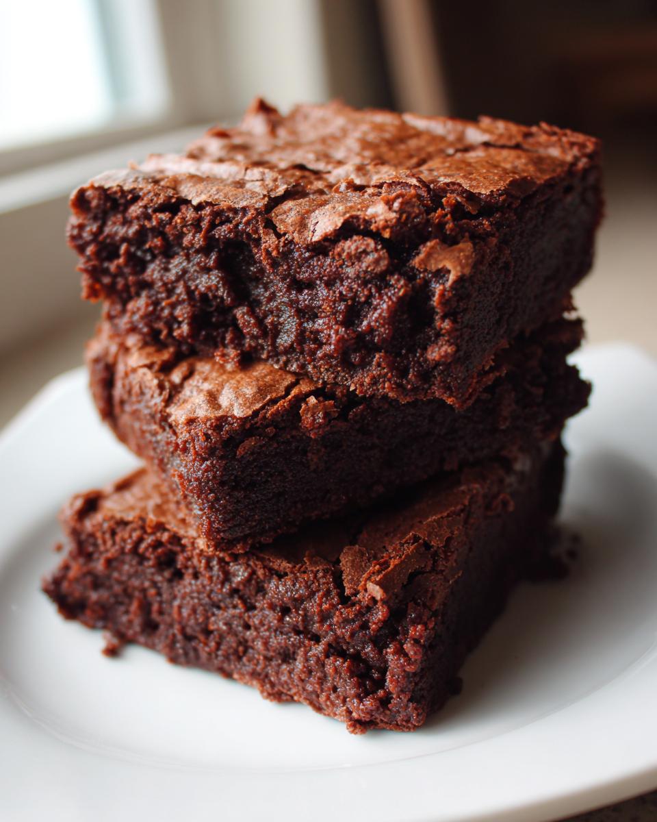 A stack of three rich, fudgy brownies with a cracked top, presented on a white plate.