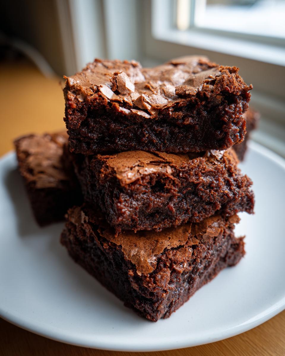 A stack of three fudgy brownies with a rich chocolate texture and crackled tops on a white plate.