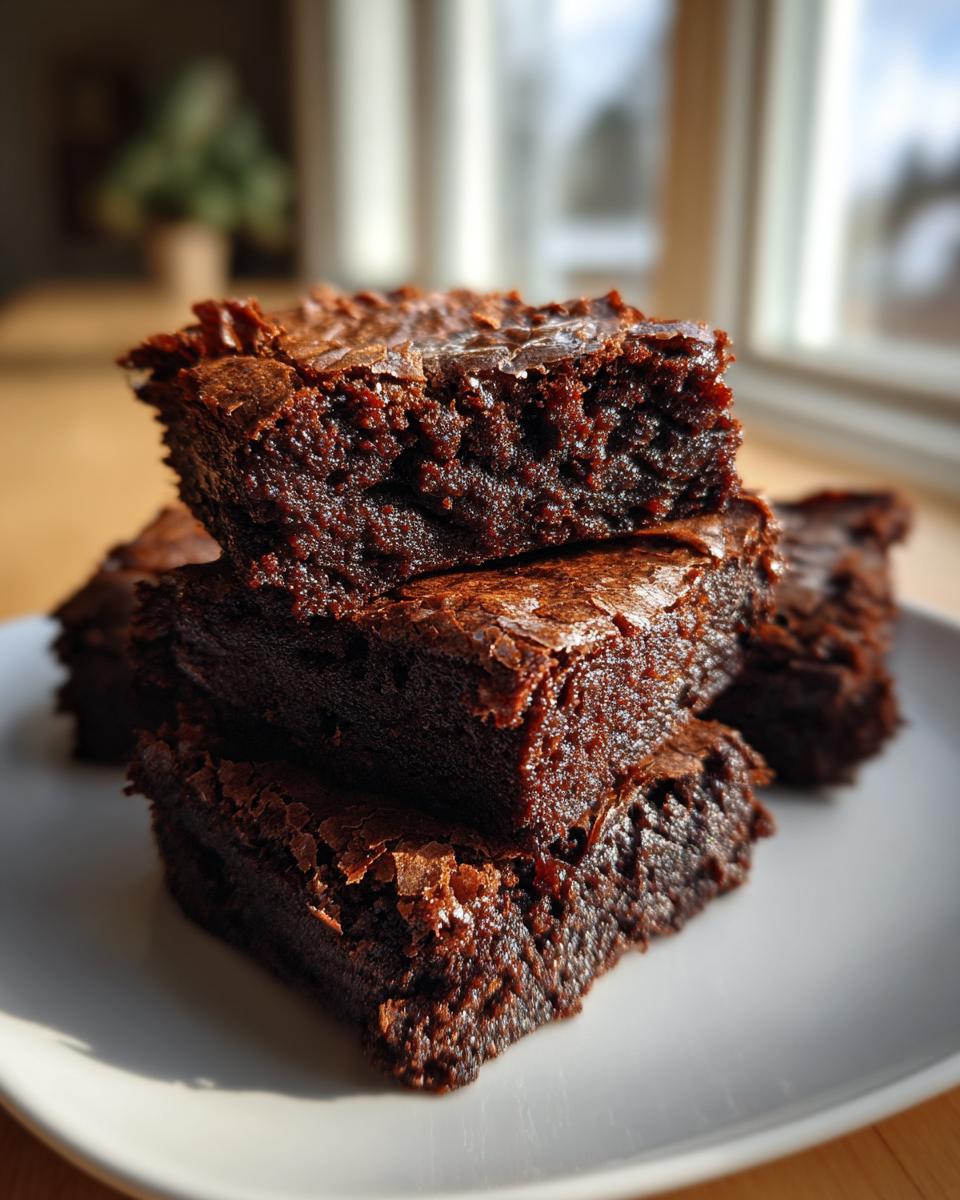 A stack of rich, fudgy brownies with a glossy top, ready to be enjoyed.
