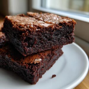 Close-up of two stacked fudgy brownies on a white plate, showcasing their rich texture.