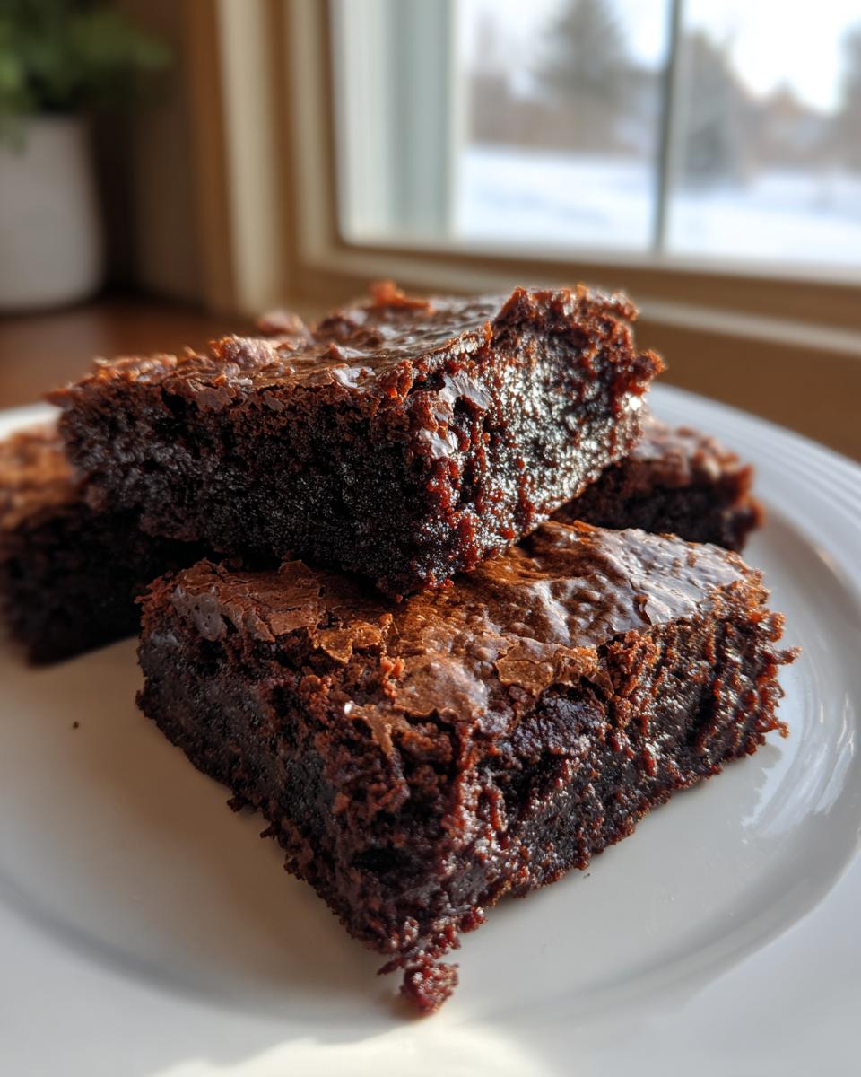 A stack of three fudgy brownies on a white plate, showcasing their rich chocolate texture.
