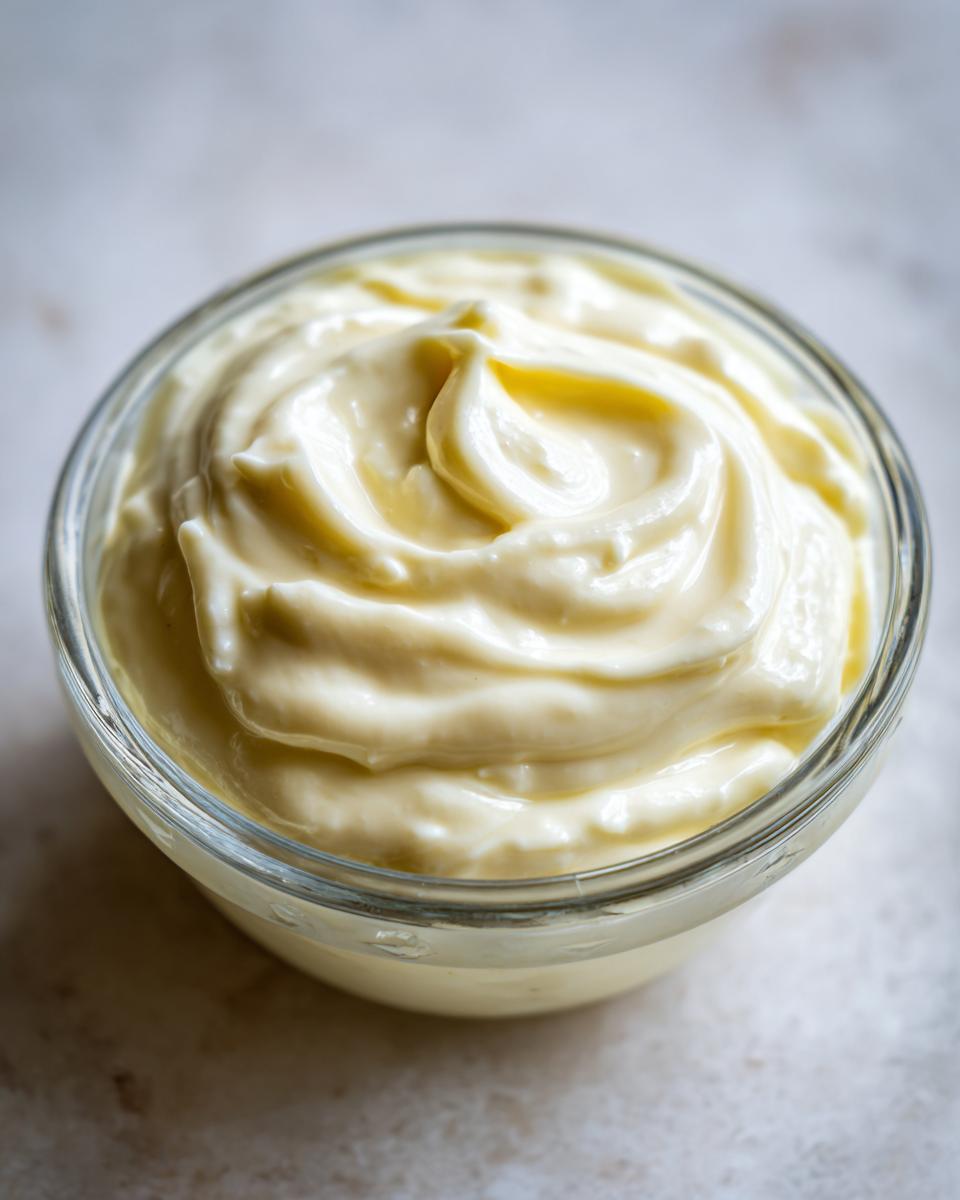 A close-up shot of luscious, creamy garlic aioli swirled in a clear glass bowl.