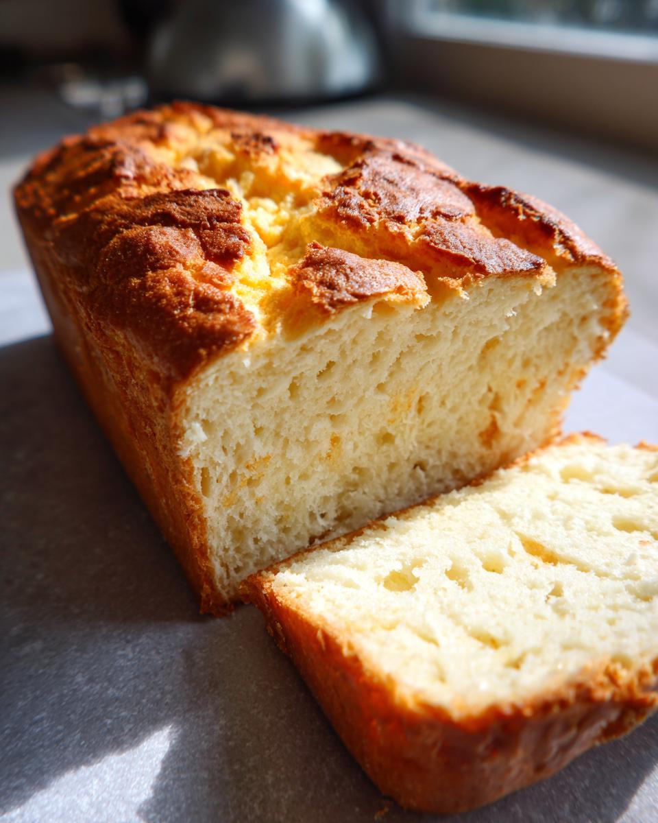A freshly baked loaf of gluten-free bread, with one slice cut and placed beside it.