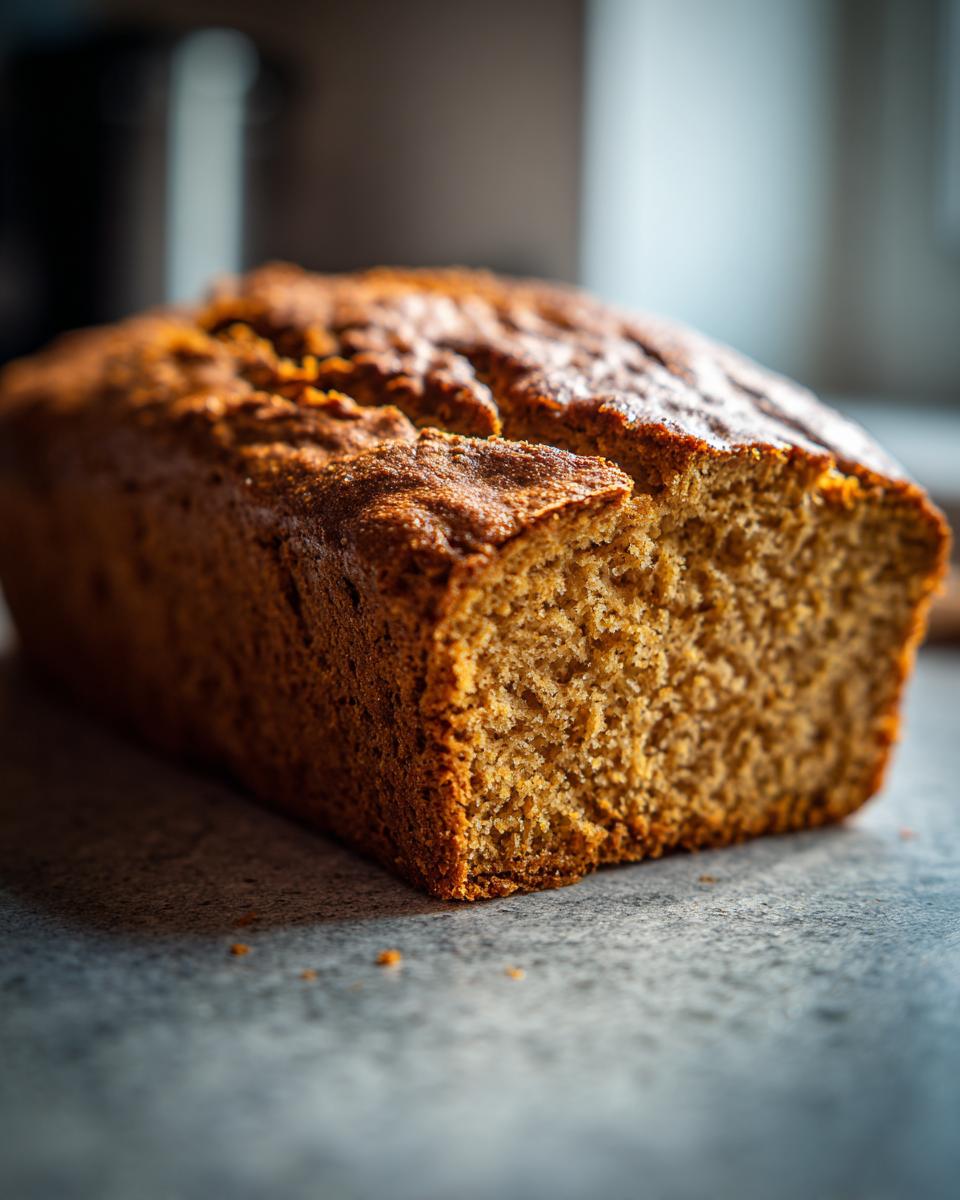 A close-up, side view of a golden-brown gluten-free bread loaf with a slightly cracked top.