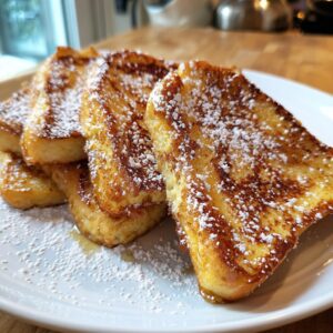 A stack of golden-brown French toast slices dusted with powdered sugar on a white plate.