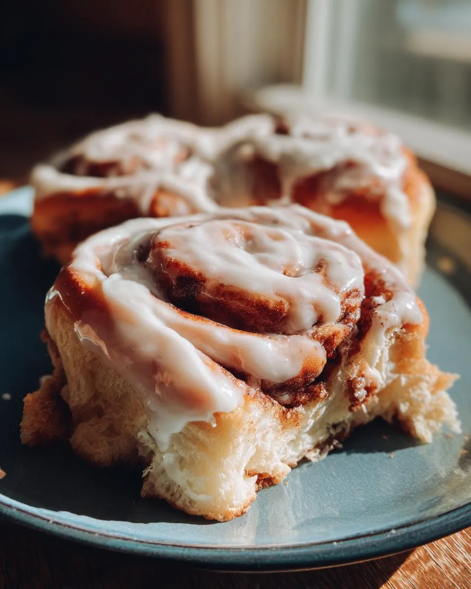 Close-up of a soft and gooey cinnamon roll topped with white frosting, on a blue plate.