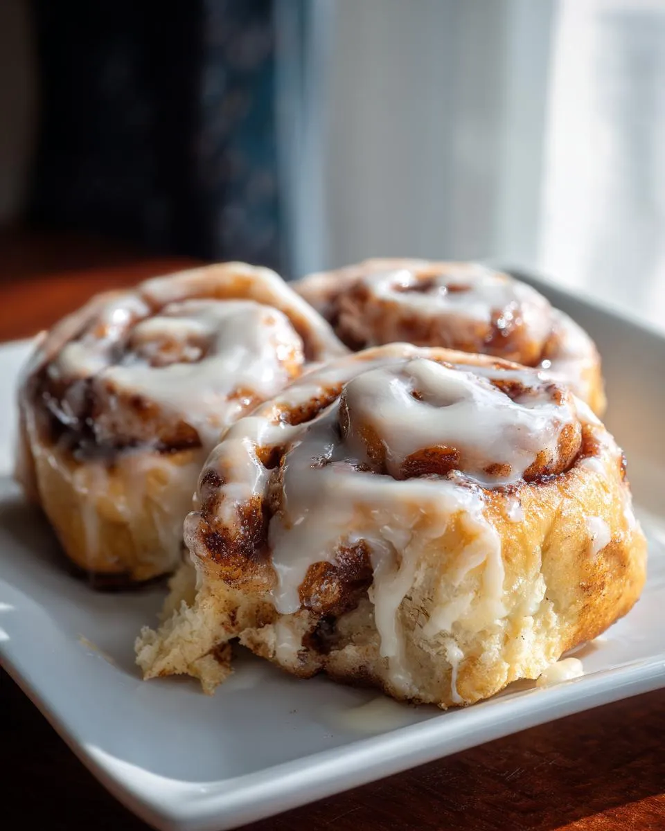 Close-up of a soft and gooey cinnamon roll topped with dripping cream cheese frosting.