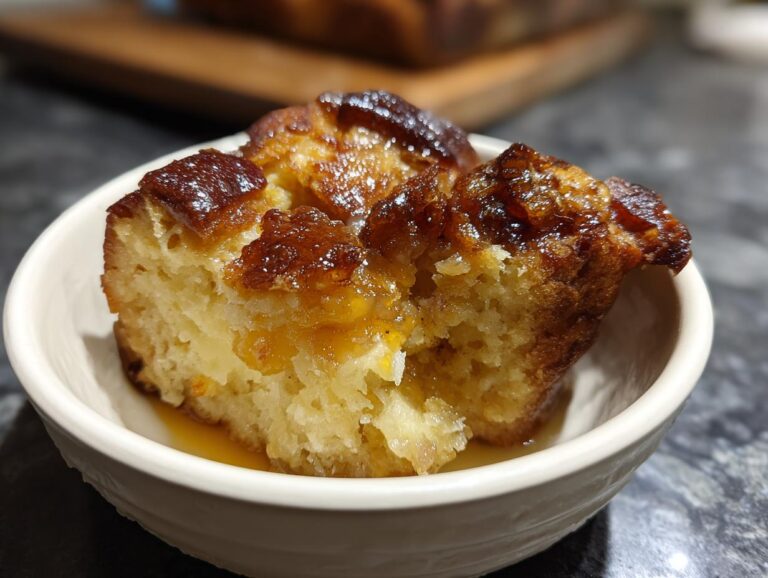 A close-up of a serving of warm, gooey bread pudding in a white bowl, drizzled with syrup.