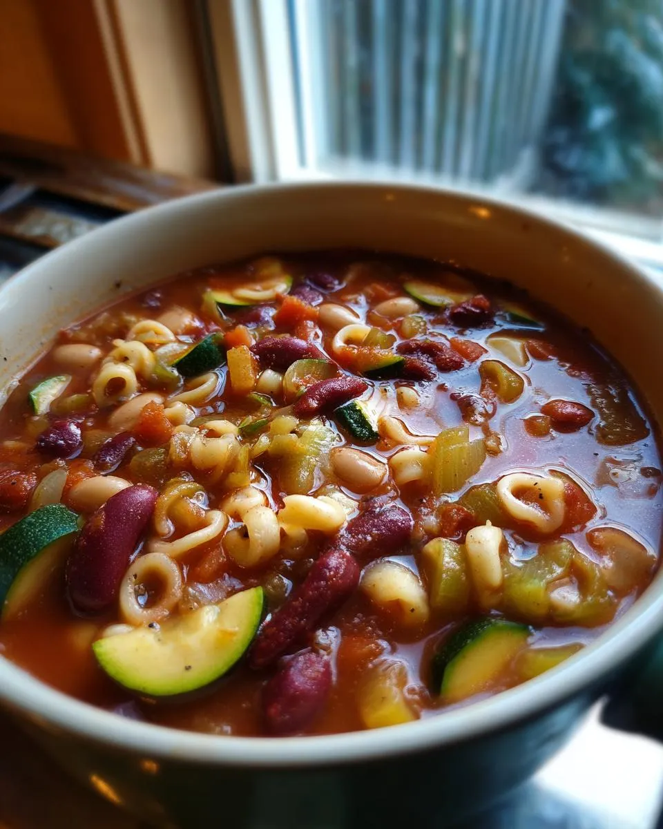 A close-up of a bowl filled with Grandma's Minestrone Soup, featuring pasta, beans, zucchini, and tomatoes.