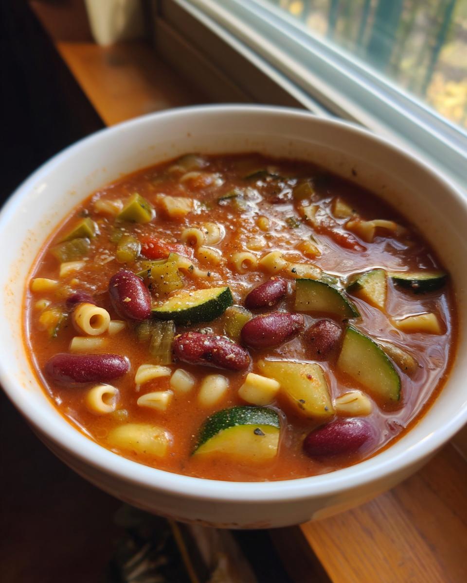 A close-up of a white bowl filled with Grandma's Minestrone Soup, featuring kidney beans, zucchini, pasta, and vegetables in a rich tomato broth.
