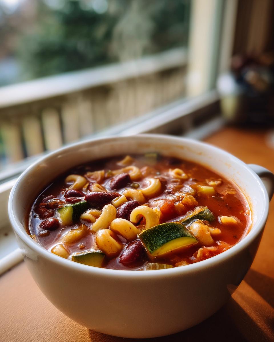 A steaming bowl of Grandma's Amazing Minestrone Soup, filled with pasta, beans, and vegetables.