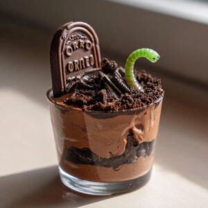 A single Graveyard pudding cup with chocolate pudding, crushed Oreos, a chocolate tombstone, and a gummy worm.