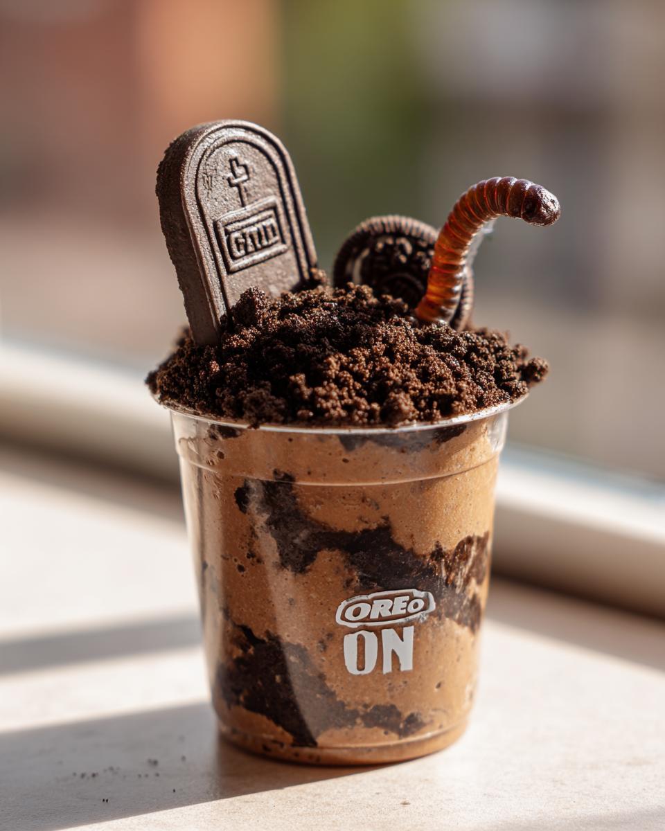 Close-up of a graveyard pudding cup with chocolate pudding, crushed Oreos, a tombstone cookie, and a gummy worm.