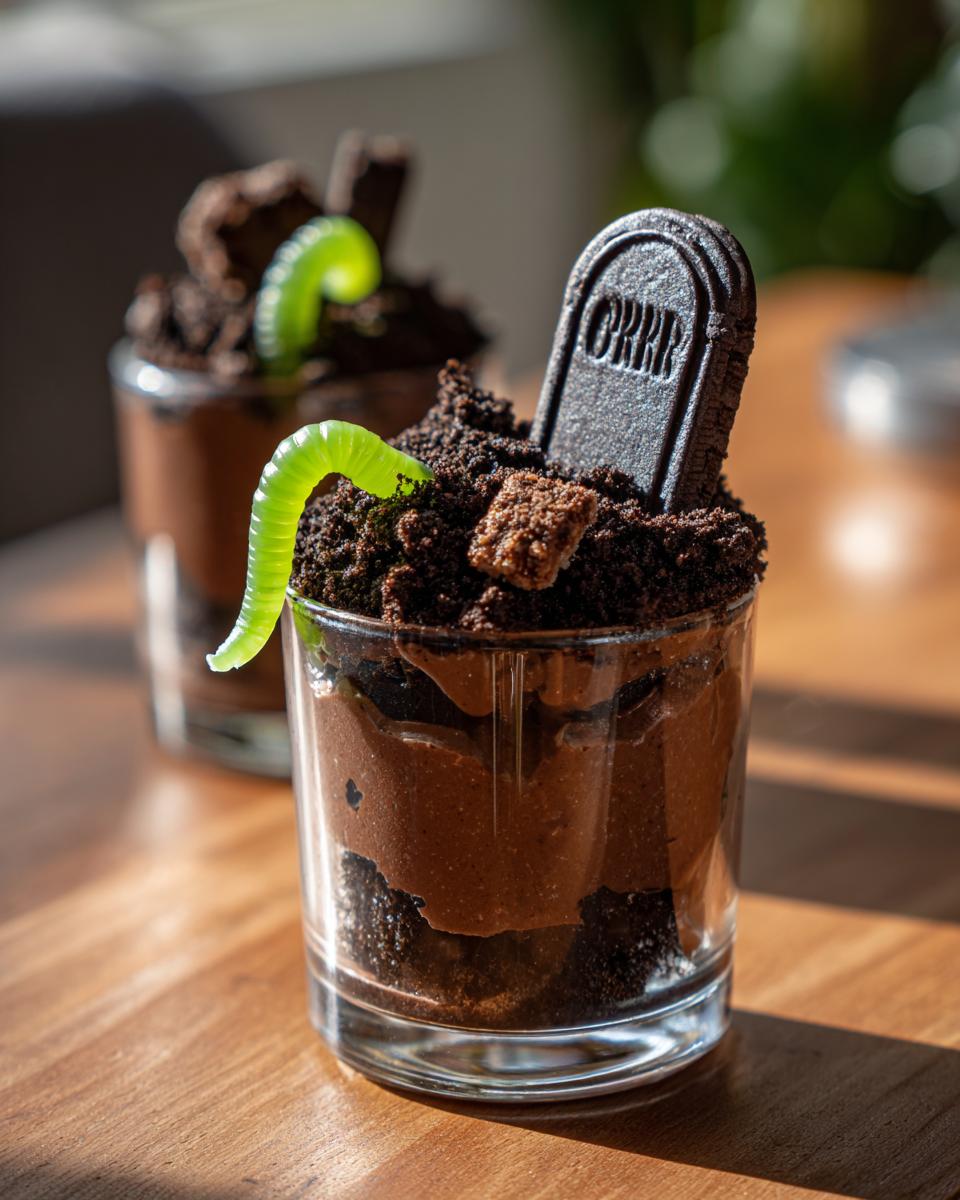 Close-up of a spooky graveyard pudding cup topped with crushed cookies, a gummy worm, and a tombstone cookie.