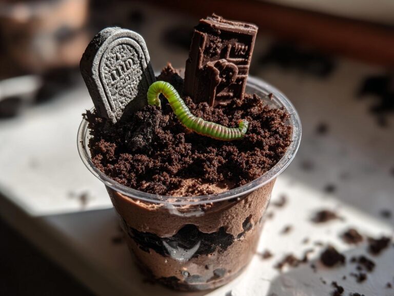 A close-up of a Graveyard Pudding Cup with chocolate pudding, crushed cookies, a tombstone cookie, and a gummy worm.