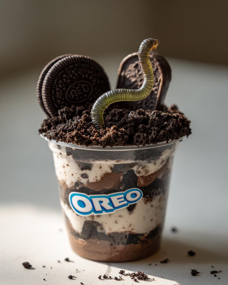 A clear cup filled with layers of chocolate pudding and whipped cream, topped with crushed Oreos, two Oreo cookies, and a gummy worm. Graveyard pudding cups.