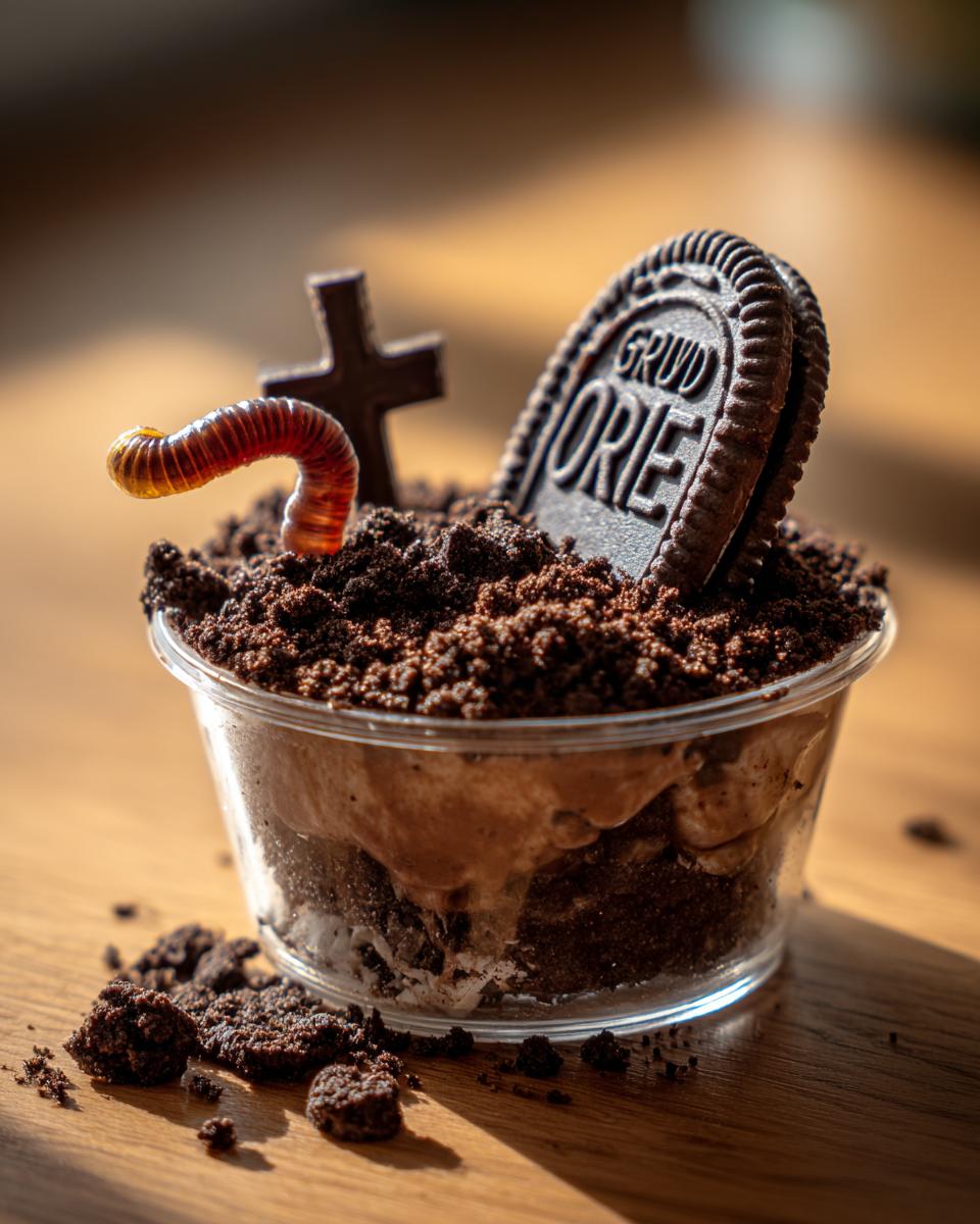 A single Graveyard pudding cup topped with crushed Oreos, a gummy worm, and a chocolate tombstone.