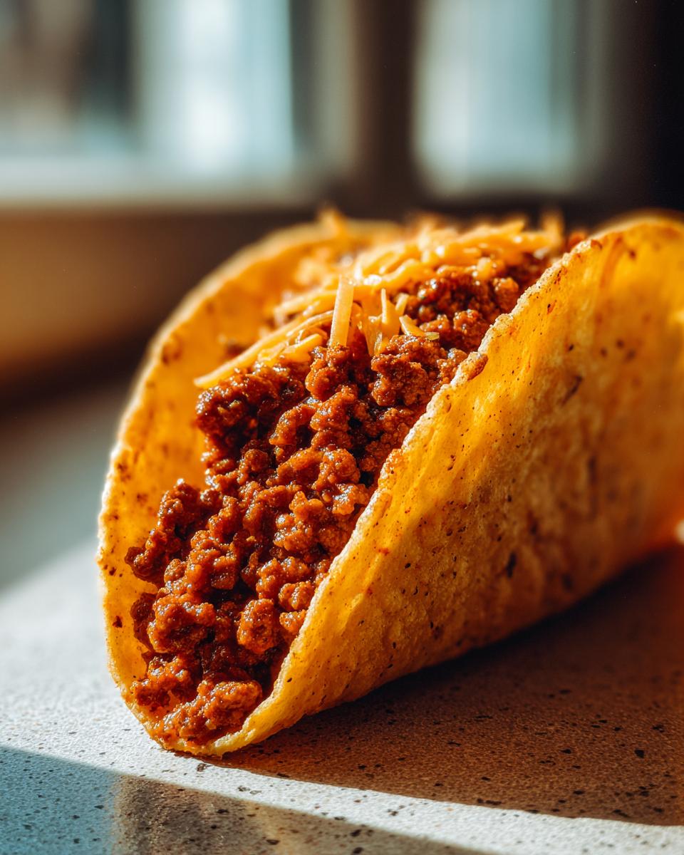 Close-up of a crispy ground beef taco filled with seasoned ground beef and shredded cheese.