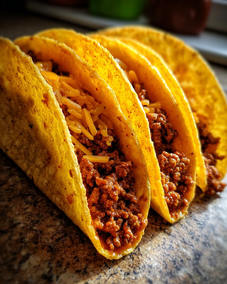 Close-up of three crunchy ground beef tacos filled with seasoned meat and shredded cheese.