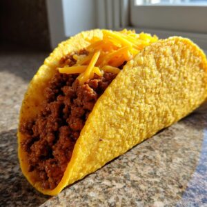 A close-up of a crispy ground beef taco generously filled with seasoned ground beef and topped with shredded cheddar cheese.