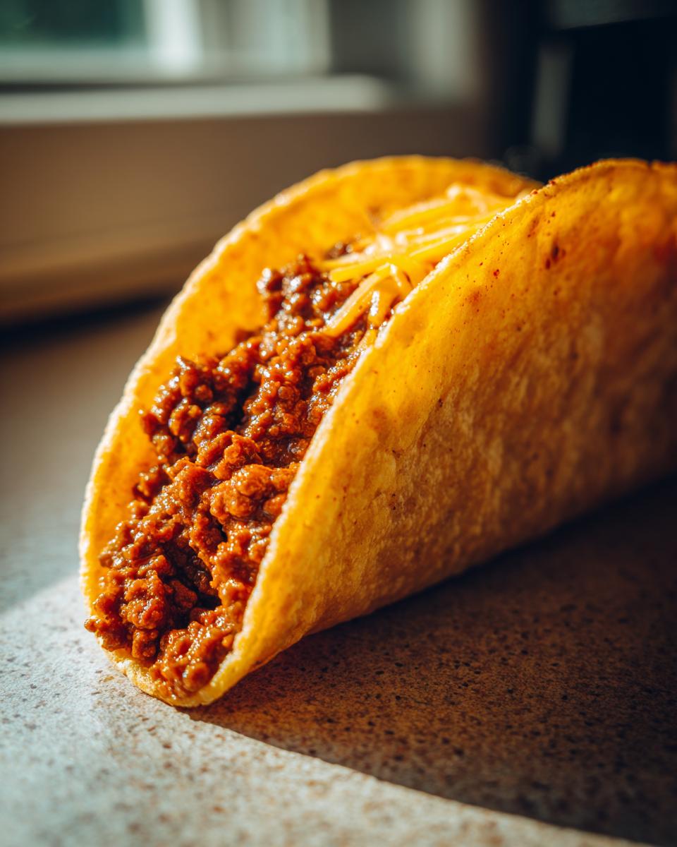 Close-up of a crunchy ground beef taco filled with seasoned ground beef and shredded cheese.