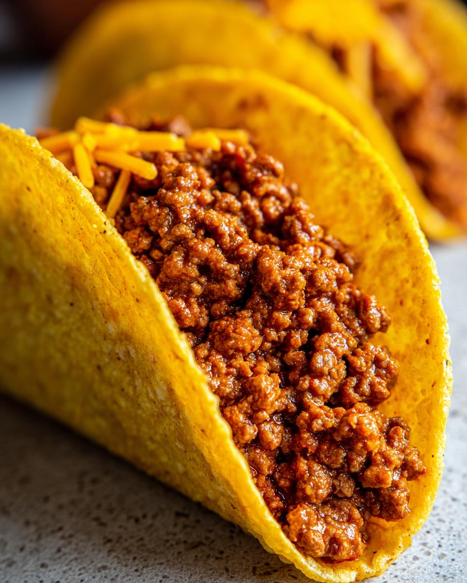 Close-up of a perfect ground beef taco filled with seasoned ground beef and topped with shredded cheddar cheese.