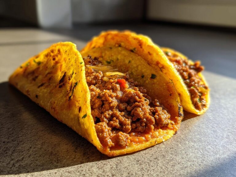 Close-up of two perfectly seasoned ground beef tacos in crispy shells, ready to be enjoyed.