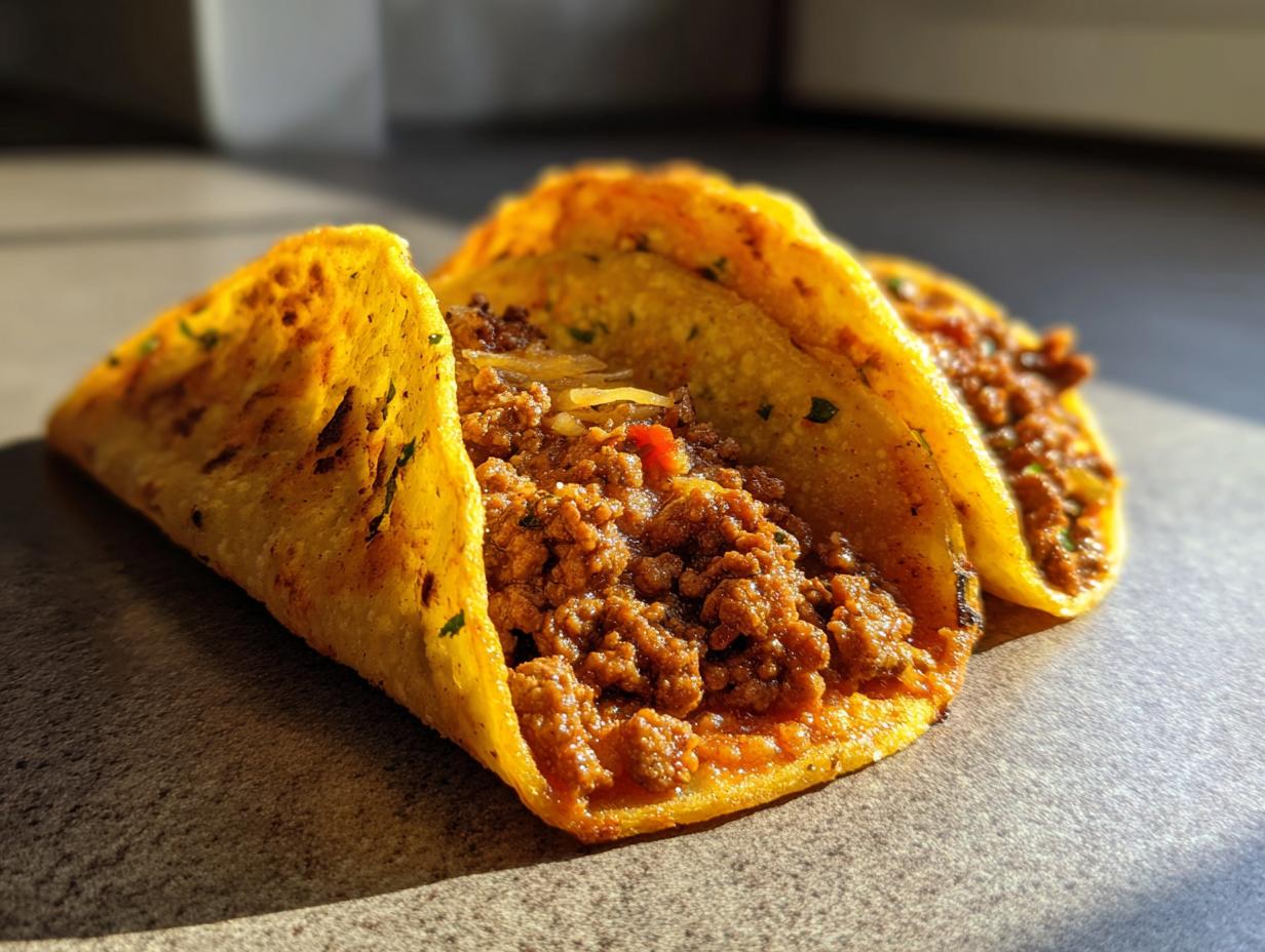 Close-up of two perfectly seasoned ground beef tacos in crispy shells, ready to be enjoyed.