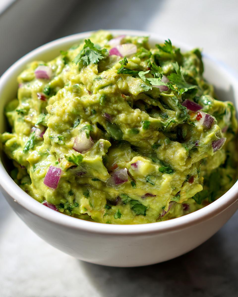Close-up of chunky, fresh Guacamole in a white bowl, topped with cilantro and red onion.