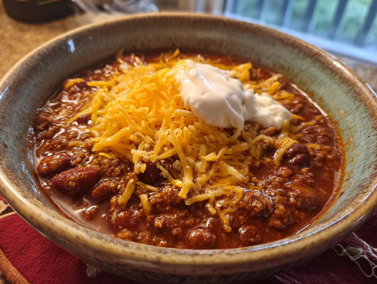 A close-up of a bowl of hearty chili topped with shredded cheddar cheese and a dollop of sour cream.