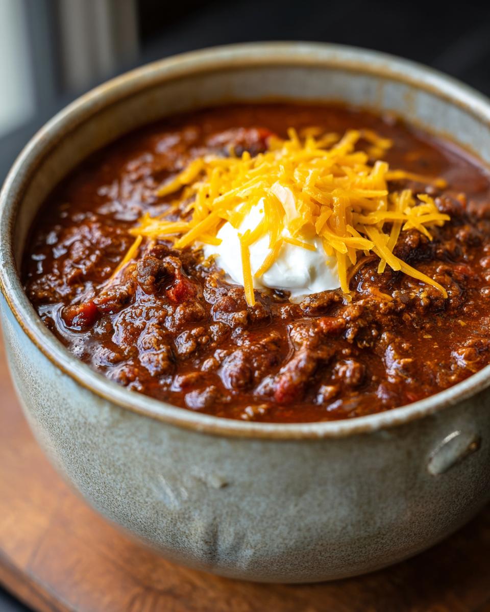 A close-up shot of a bowl of hearty chili topped with shredded cheese and a dollop of sour cream.