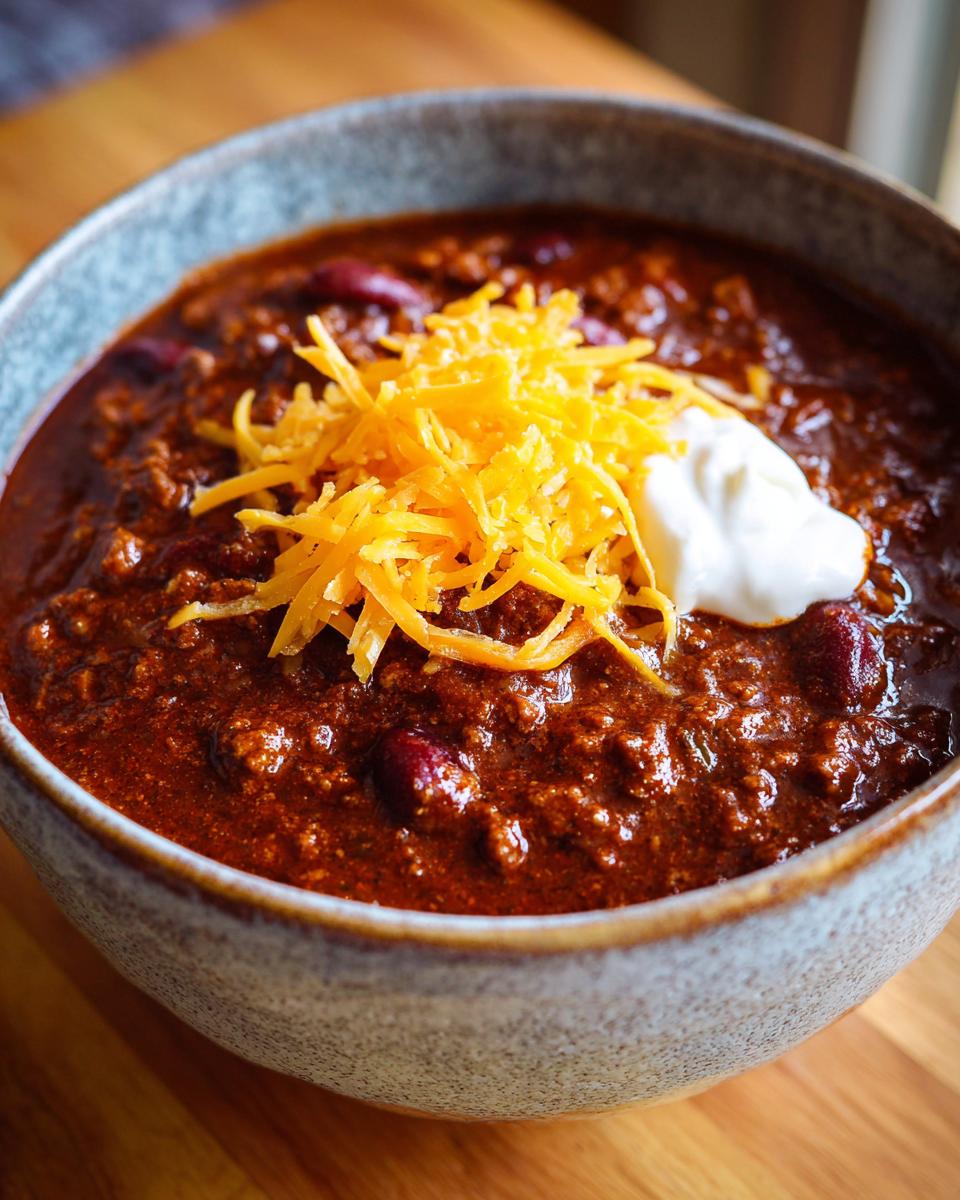 A close-up of a bowl of hearty chili topped with shredded cheese and a dollop of sour cream.