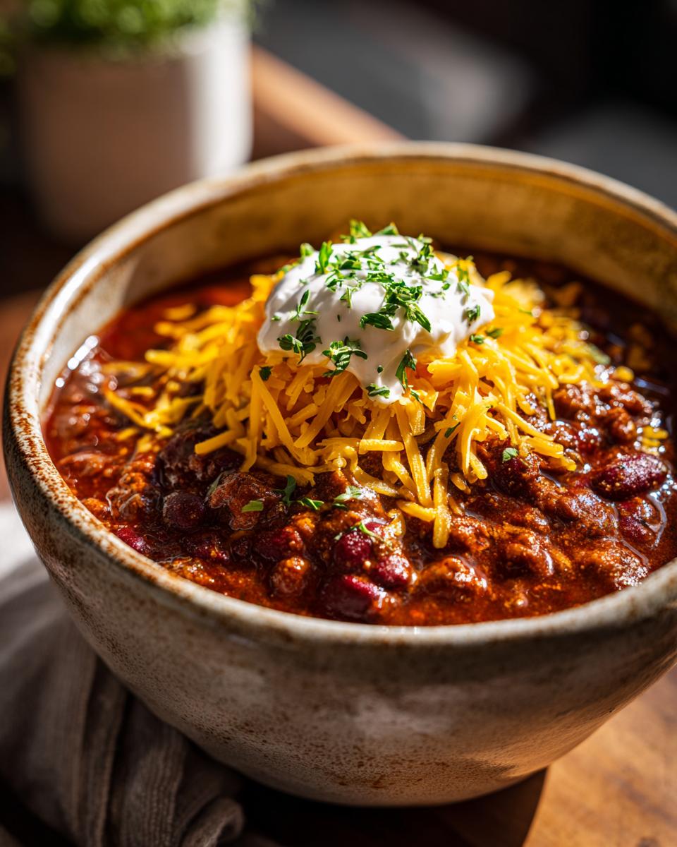 A close-up of a rustic bowl filled with hearty chili, topped with shredded cheese, a dollop of sour cream, and fresh parsley.