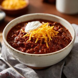 A close-up of a bowl of hearty chili topped with shredded cheese and a dollop of sour cream.