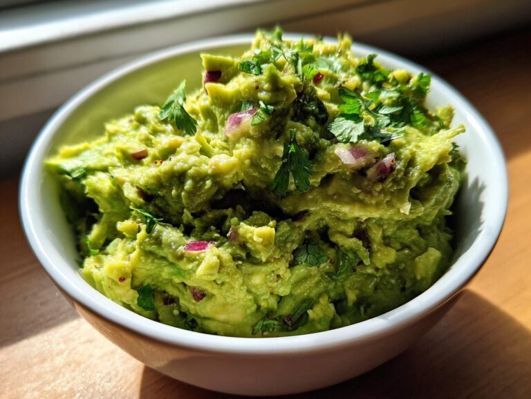 A close-up shot of vibrant green guacamole in a white bowl, topped with red onion and fresh cilantro.