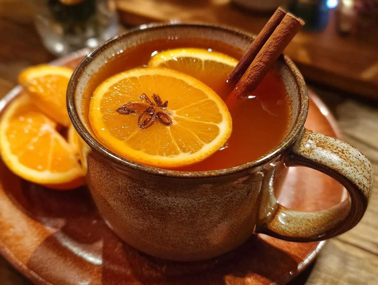 Close-up of a mug filled with warm spiced hot apple cider, garnished with orange slices, star anise, and cinnamon sticks.