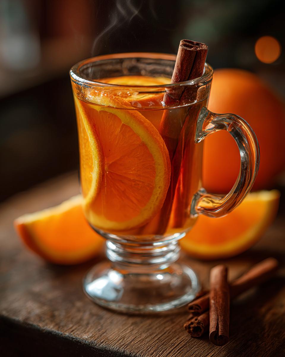 A close-up of a glass of hot apple cider with orange slices and cinnamon sticks, steam rising.