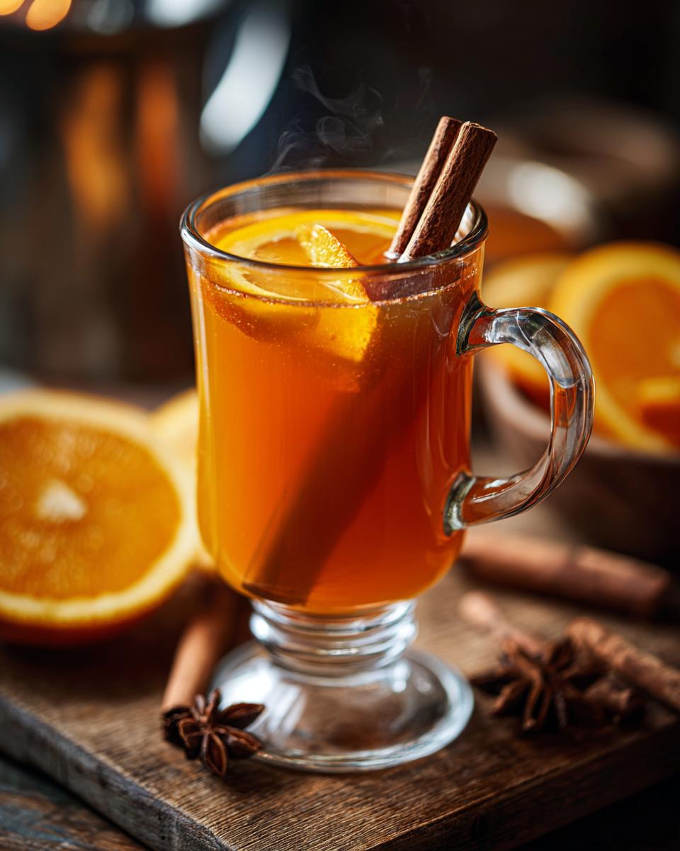 A close-up of a glass mug filled with steaming hot apple cider, garnished with orange slices and cinnamon sticks.