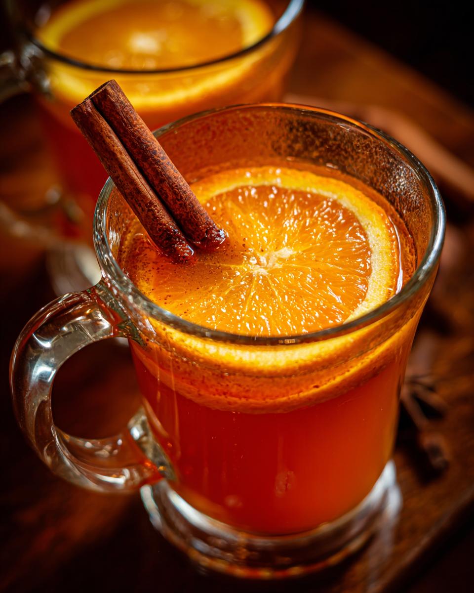 Close-up of a mug of warm spiced hot apple cider, garnished with an orange slice and a cinnamon stick.