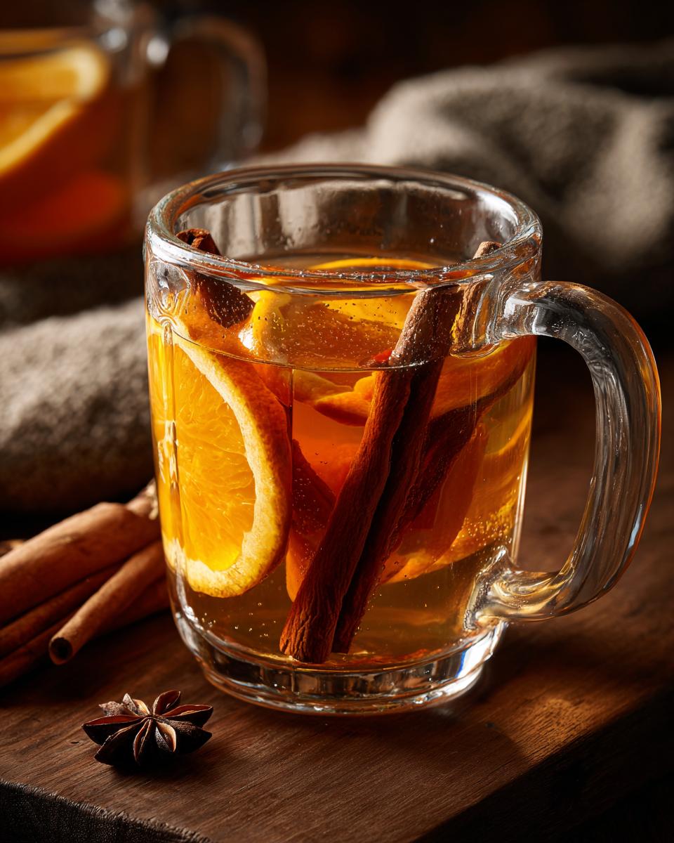 A close-up of a mug filled with hot apple cider, featuring orange slices and cinnamon sticks.