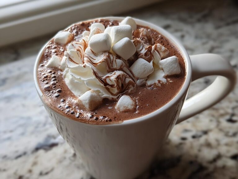 A close-up of a mug filled with rich hot chocolate, topped with whipped cream, chocolate drizzle, and marshmallows.