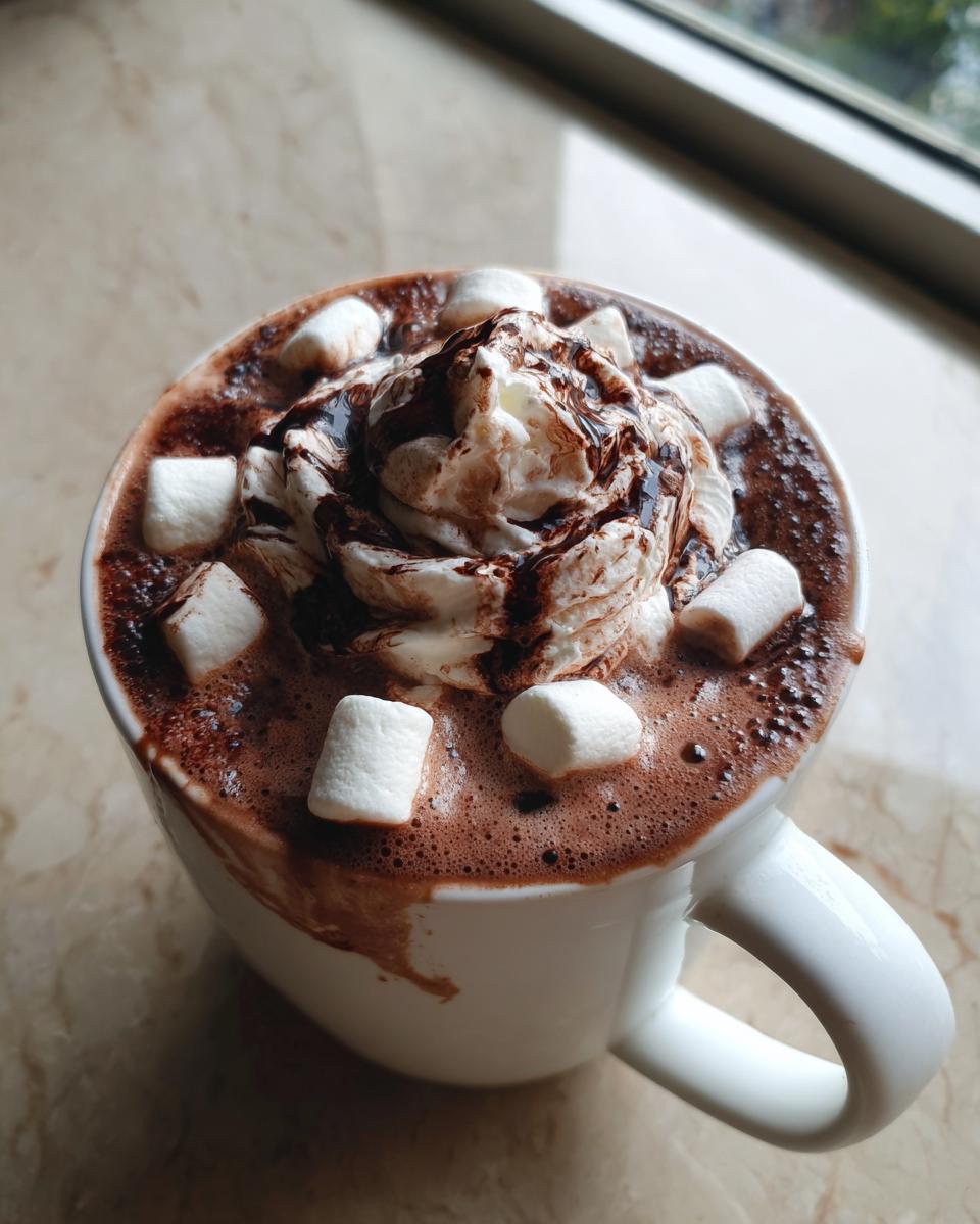 A close-up of a mug filled with rich hot chocolate, topped with whipped cream, chocolate drizzle, and mini marshmallows.