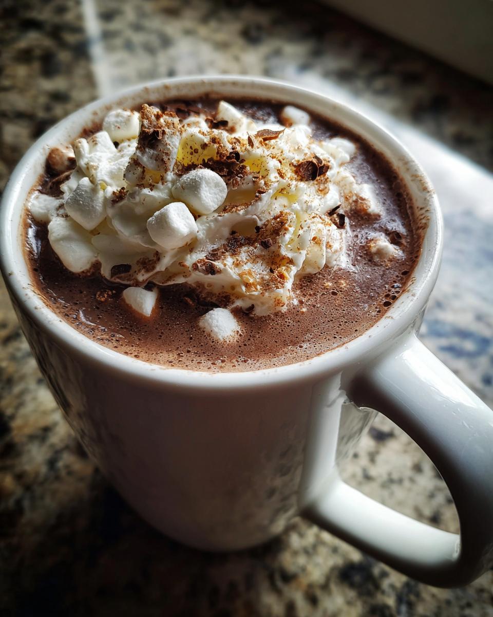 A close-up of a white mug filled with rich hot chocolate, topped with whipped cream, mini marshmallows, and chocolate shavings.