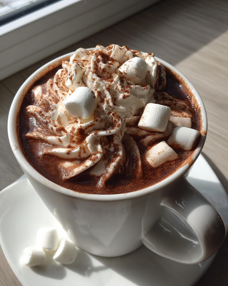 A close-up of a white mug filled with rich hot chocolate, topped with whipped cream, marshmallows, and a dusting of cocoa powder.